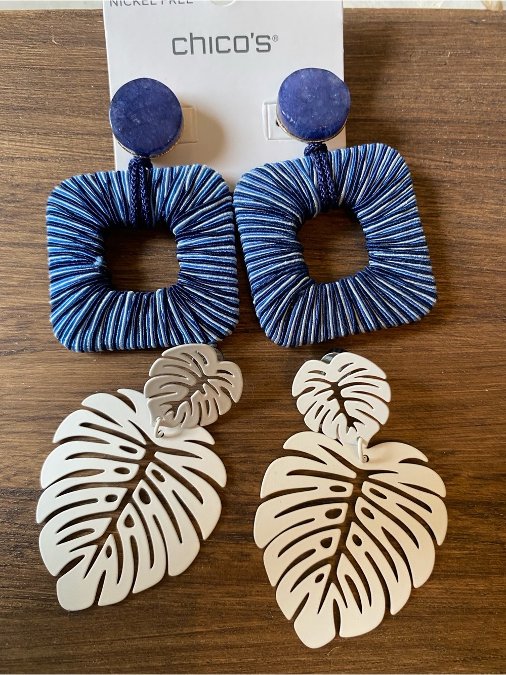 Chico's Blue Wrapped Square & Monstera drop Earrings 2pair